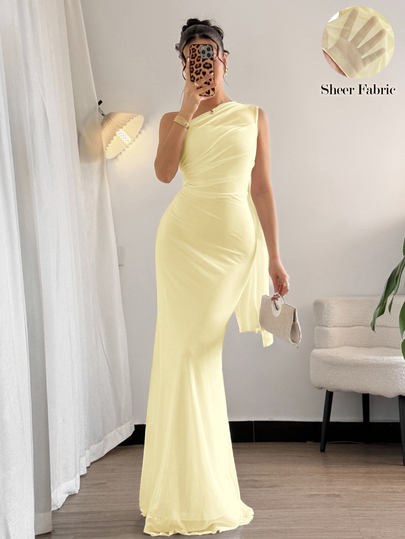 Firerie Women's Pale Yellow Elegant Summer Tropical Cocktail Asymmetrical Neck Bodycon Maxi Dress, Stylish Fashion Date Wedding Guest Dress