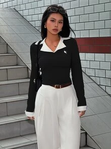 Glimmora 女式骑士印花撞色翻领长袖修身时尚上衣 - 黑色 - 查看 5