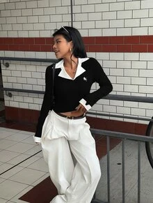 Glimmora 女式骑士印花撞色翻领长袖修身时尚上衣 - 黑色 - 查看 8