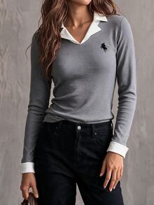 Glimmora 女式刺绣撞色修身优雅长袖衬衫 - 灰色 - 查看 2