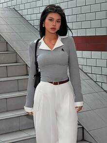 Glimmora 女式刺绣撞色修身优雅长袖衬衫 - 灰色 - 查看 5