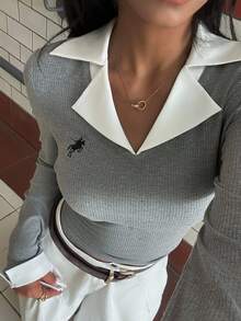 Glimmora 女式刺绣撞色修身优雅长袖衬衫 - 灰色 - 查看 7