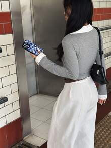 Glimmora 女式刺绣撞色修身优雅长袖衬衫 - 灰色 - 查看 6