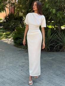 Aloruh Asymmetrical Neck Split Back Dress White Party Bar Party Day Party Garden Party House Party Summer Elegant Minimalist Wedding - White - View 7