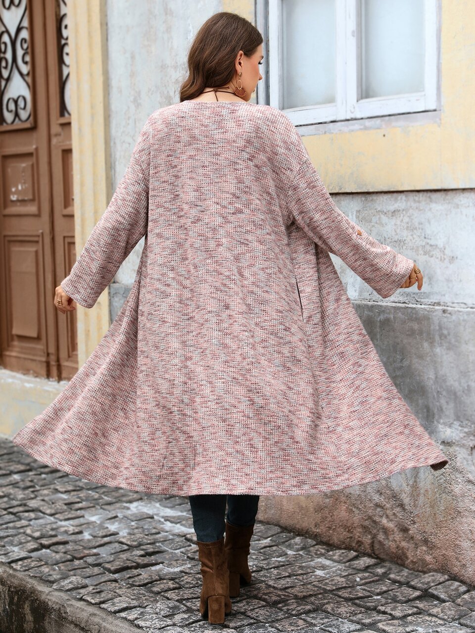 Plus Size Women's Rolled Sleeve Open Front Casual Long Jacket