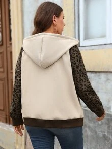 EMERY ROSE Jaket Kasual Longgar Berkerudung Lengan Panjang Raglan Motif Leopard Patchwork untuk Wanita Ukuran Plus, Cocok untuk Pergi ke Klub, Warna Beige, Musim Gugur - Coklat - View 2