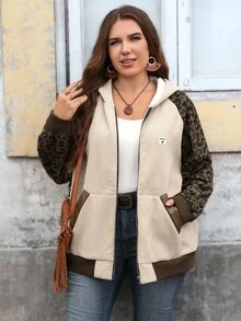 EMERY ROSE Jaket Kasual Longgar Berkerudung Lengan Panjang Raglan Motif Leopard Patchwork untuk Wanita Ukuran Plus, Cocok untuk Pergi ke Klub, Warna Beige, Musim Gugur - Coklat - View 6