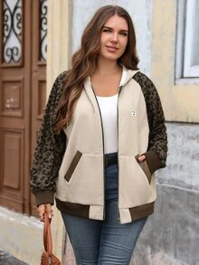 EMERY ROSE Jaket Kasual Longgar Berkerudung Lengan Panjang Raglan Motif Leopard Patchwork untuk Wanita Ukuran Plus, Cocok untuk Pergi ke Klub, Warna Beige, Musim Gugur - Coklat - View 3