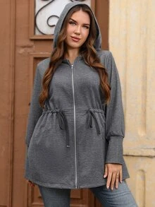 EMERY ROSE Plus Size Women's Solid Color Casual Baggy Versatile Daily Long Sleeve Jacket Going Out Club Grey Autumn - Dark Grey - View 4