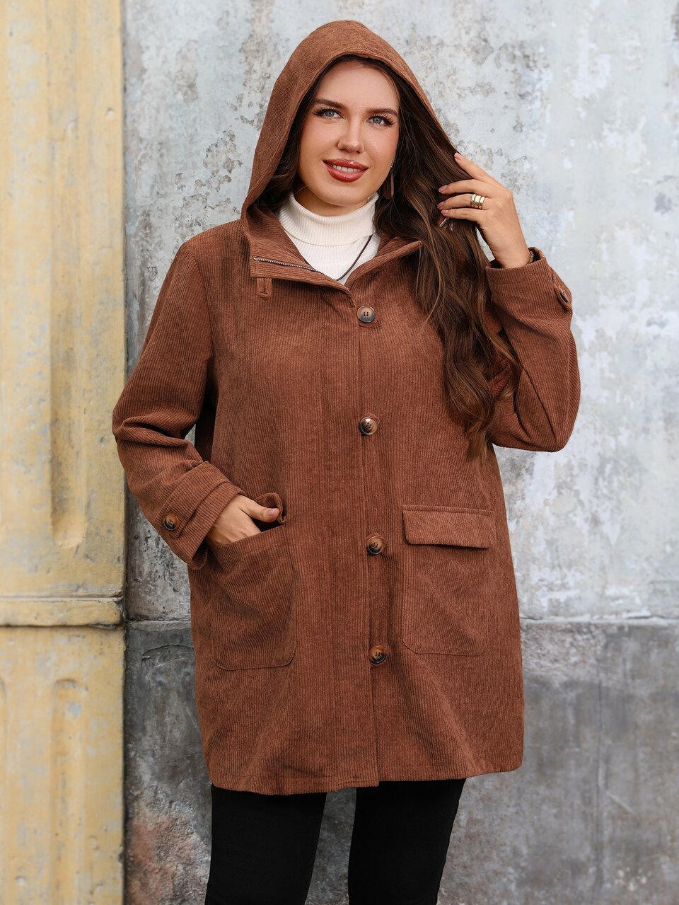 Plus Size Women's Solid Color Zipper Front Casual Hooded Jacket