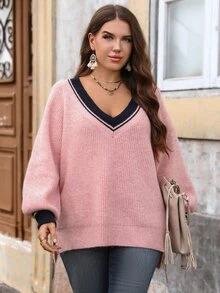 EMERY ROSE Plus Size Gentle Style Fashion Long Sleeve Colorblock Pullover Sweater Winter - Khaki - View 3