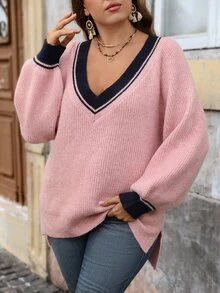 EMERY ROSE Plus Size Gentle Style Fashion Long Sleeve Colorblock Pullover Sweater Winter - Khaki - View 4