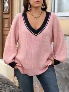 EMERY ROSE Plus Size Gentle Style Fashion Long Sleeve Colorblock Pullover Sweater Winter - Khaki - View 6