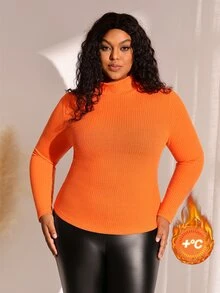 BrightlyHer Plus Size Solid Color Minimalist Versatile Long Sleeve T-Shirt For Daily Wear - Coral Orange - View 1
