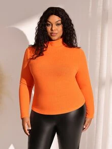 BrightlyHer Plus Size Solid Color Minimalist Versatile Long Sleeve T-Shirt For Daily Wear - Coral Orange - View 6