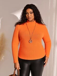 BrightlyHer Plus Size Solid Color Minimalist Versatile Long Sleeve T-Shirt For Daily Wear - Coral Orange - View 5
