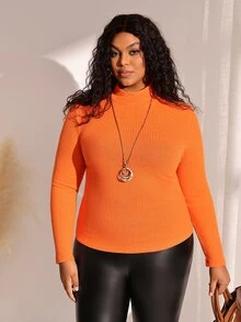 BrightlyHer Plus Size Solid Color Minimalist Versatile Long Sleeve T-Shirt For Daily Wear - Coral Orange - View 3