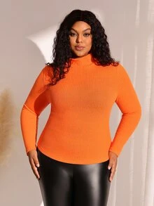 BrightlyHer Plus Size Solid Color Minimalist Versatile Long Sleeve T-Shirt For Daily Wear - Coral Orange - View 7