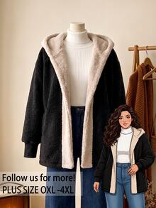Rusticease Plus Size Fashionable Comfortable Colorblock Long Sleeve Hooded Jacket - Black - View 8