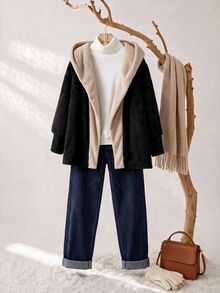 Rusticease Plus Size Fashionable Comfortable Colorblock Long Sleeve Hooded Jacket - Black - View 3