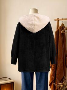 Rusticease Plus Size Fashionable Comfortable Colorblock Long Sleeve Hooded Jacket - Black - View 2