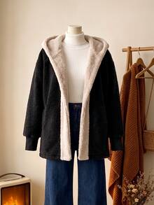 Rusticease Plus Size Fashionable Comfortable Colorblock Long Sleeve Hooded Jacket - Black - View 4