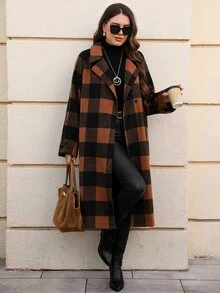 EMERY ROSE Jaket Lengan Panjang Kotak-kotak Kancing Gaya Jalanan Ukuran Plus - Coklat - View 5