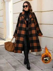 EMERY ROSE Jaket Lengan Panjang Kotak-kotak Kancing Gaya Jalanan Ukuran Plus - Coklat - View 1