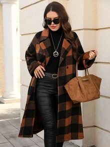 EMERY ROSE Jaket Lengan Panjang Kotak-kotak Kancing Gaya Jalanan Ukuran Plus - Coklat - View 3