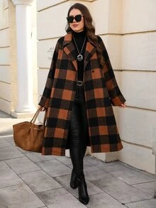 EMERY ROSE Jaket Lengan Panjang Kotak-kotak Kancing Gaya Jalanan Ukuran Plus - Coklat - View 7