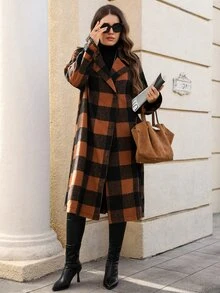 EMERY ROSE Jaket Lengan Panjang Kotak-kotak Kancing Gaya Jalanan Ukuran Plus - Coklat - View 6