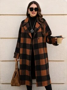 EMERY ROSE Jaket Lengan Panjang Kotak-kotak Kancing Gaya Jalanan Ukuran Plus - Coklat - View 4