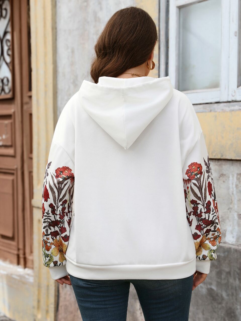 Plus Size Fashion Floral Print Long Sleeve Hooded Sweatshirt For Vacation Fall