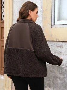 EMERY ROSE Jaket Musim Dingin Kasual Wanita Ukuran Besar Warna Polos Lengan Panjang Raglan dengan Resleting Depan - Coklat - View 2