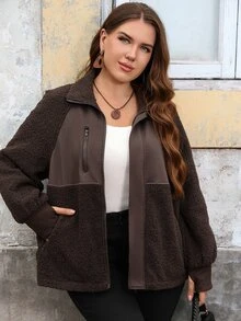 EMERY ROSE Jaket Musim Dingin Kasual Wanita Ukuran Besar Warna Polos Lengan Panjang Raglan dengan Resleting Depan - Coklat - View 7