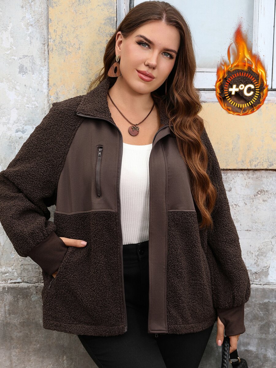 EMERY ROSE Jaket Musim Dingin Kasual Wanita Ukuran Besar Warna Polos Lengan Panjang Raglan dengan Resleting Depan - Coklat - View 1