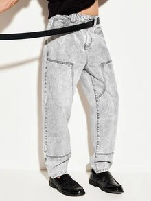 Colvenic 男士奢華休閒街頭風工裝伐木工灰色水洗牛仔褲 - 淺灰色 - 查看 5
