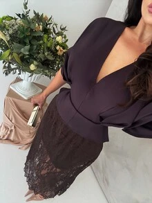 Shopreo Elegant Solid Color Pullover Short Sleeve Minimalist Loose Fitted Summer Shirt With Bowknot Tie At Back, Versatile For Office & Commute - Coffee Brown - View 5