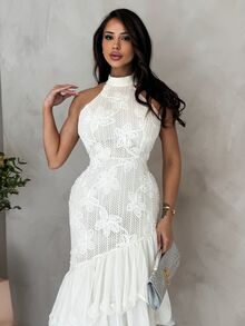 Shopreo 女士优雅提花拼布荷叶边下摆露背中长连衣裙 - 杏色 - 查看 3