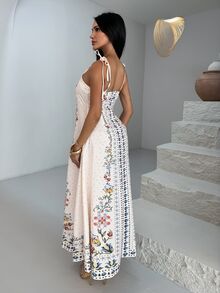 Shopreo 1pc Women's Loose Floral Print Spaghetti Strap Dress, Beach/Holiday Casual - Apricot - View 2