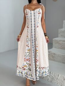 Shopreo 1pc Women's Loose Floral Print Spaghetti Strap Dress, Beach/Holiday Casual - Apricot - View 4