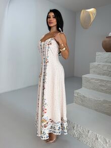 Shopreo 1pc Women's Loose Floral Print Spaghetti Strap Dress, Beach/Holiday Casual - Apricot - View 3