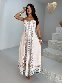 Shopreo 1pc Women's Loose Floral Print Spaghetti Strap Dress, Beach/Holiday Casual - Apricot - View 1