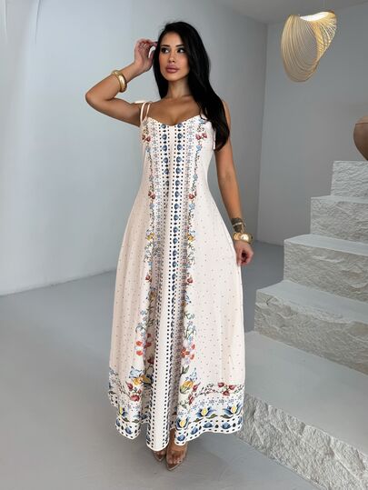 Shopreo 1pc Women's Loose Floral Print Spaghetti Strap Dress, Beach/Holiday Casual