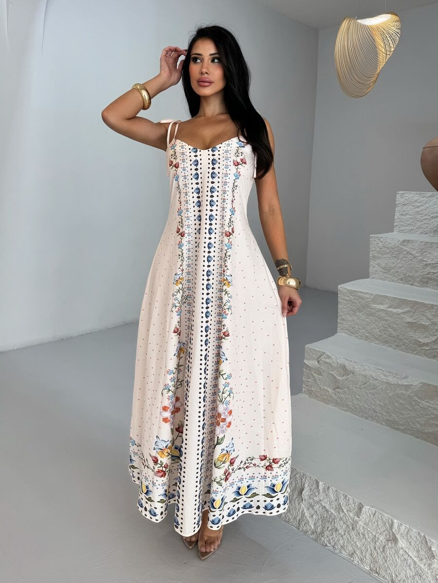 Shopreo 1pc Women's Loose Floral Print Spaghetti Strap Dress, Beach/Holiday Casual - Apricot - View 1