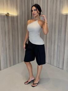 Shopreo 优雅杏色亚麻休闲宽松不对称下摆露背上衣，春夏 - 杏色 - 查看 4
