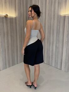 Shopreo 优雅杏色亚麻休闲宽松不对称下摆露背上衣，春夏 - 杏色 - 查看 3