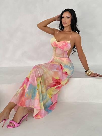 Shopreo Romantic Date Night/Vacation Floral Print Mesh Backless Maxi Dress For Women, Spring/Summer