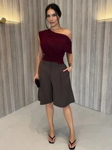 Shopreo Autumn/Winter Solid Brown/Coffee Off-Shoulder Ruched Fitted Elegant Bodysuit, Fitted Elegant Slim Bodysuit, Draped Top - Maroon - View 1