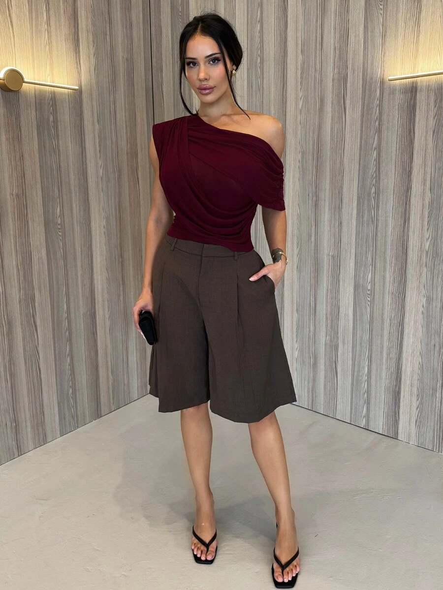 Shopreo Autumn/Winter Solid Brown/Coffee Off-Shoulder Ruched Fitted Elegant Bodysuit, Fitted Elegant Slim Bodysuit, Draped Top - Maroon - View 1
